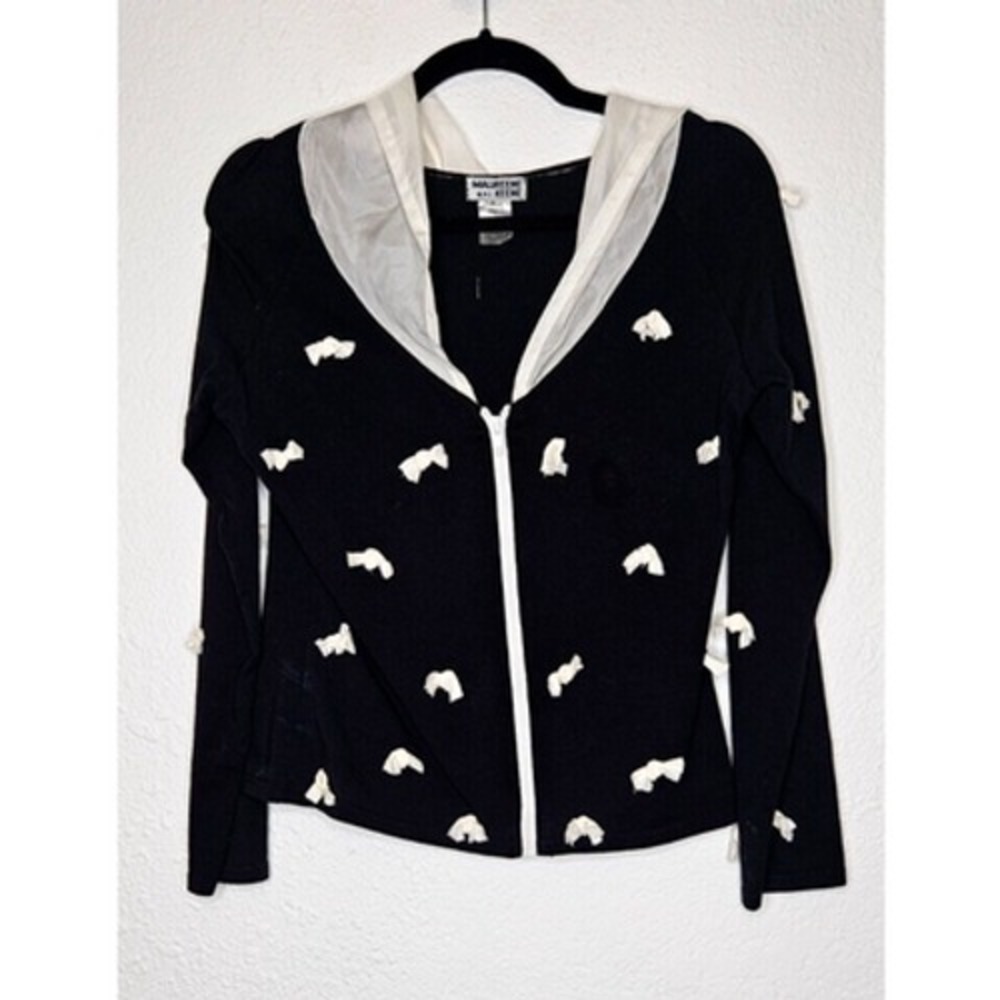 Vintage Coquette Embroidered Bow Cardigan Womens S Black Silk Trim Zip Up Hoodie